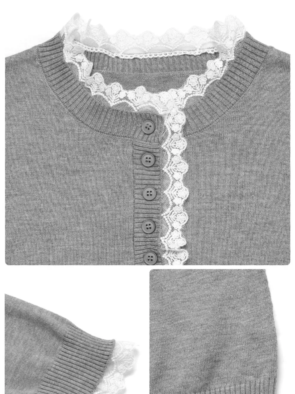 Lace Trim Button Detail Long Sleeve Knit Top, image 3