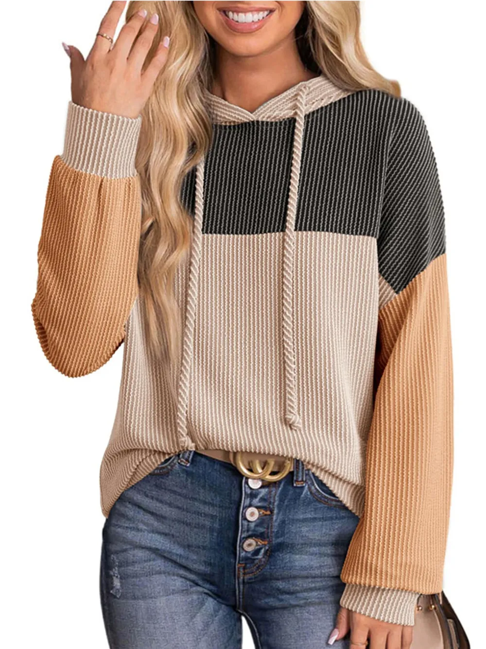 Drawstring Color Block Long Sleeve Hoodie, image 2