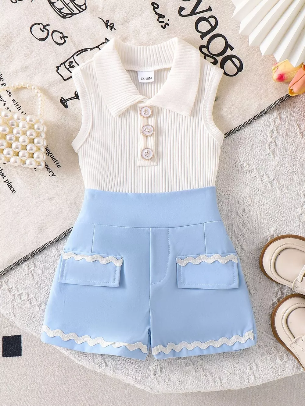 Children's Ribbed Knit Polo Top and Scalloped Pocket Shorts Set, image 6