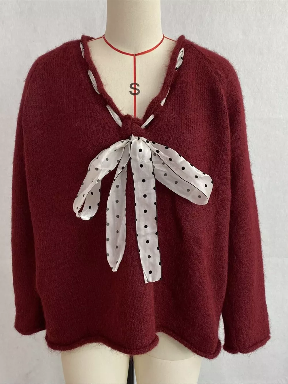 Chic V-Neck Sweater with Polka Dot Ribbon Tie, image 19