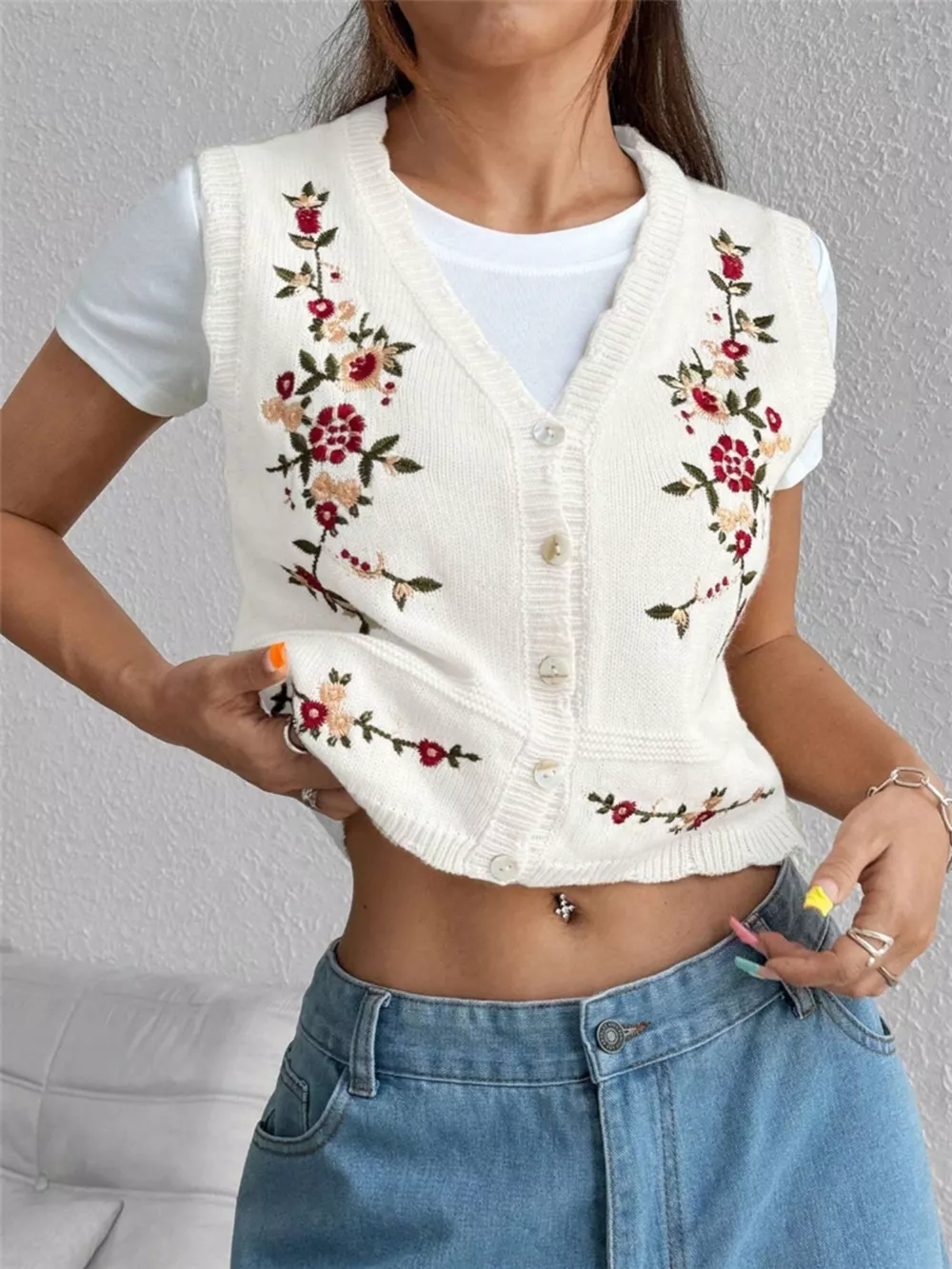 Embroidered Button Up Sweater Vest, image 11