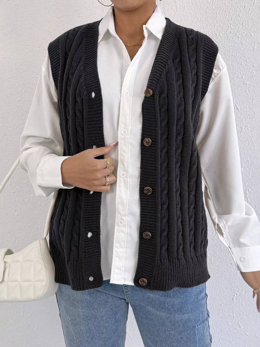 Cable-Knit Button-Up Sweater Vest, image 9