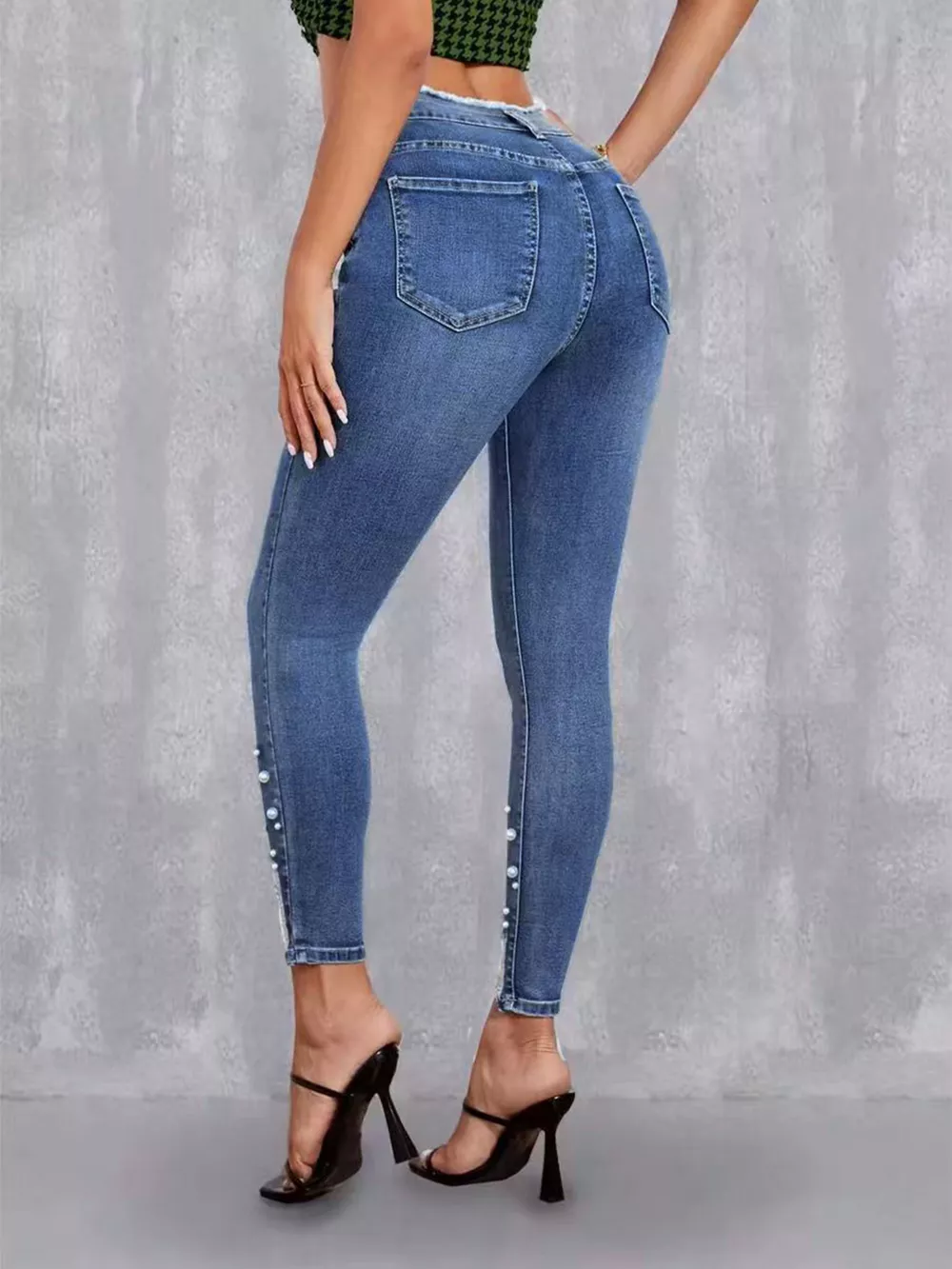 High-Waisted Pearl Embellished Skinny Jeans, image 3