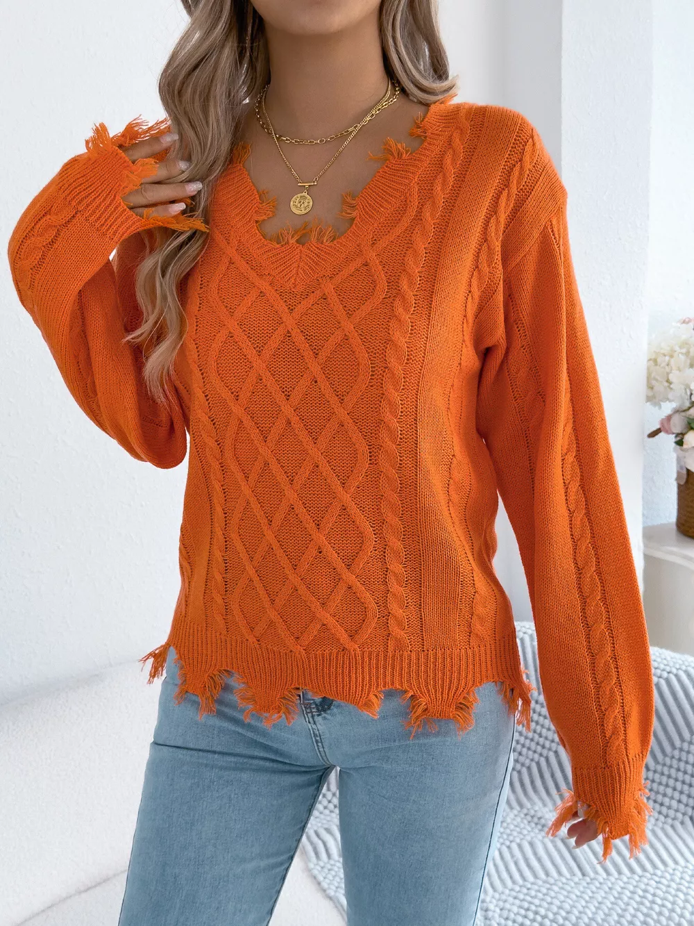 V-Neck Distressed Hem Cable Knit Sweater, image 7