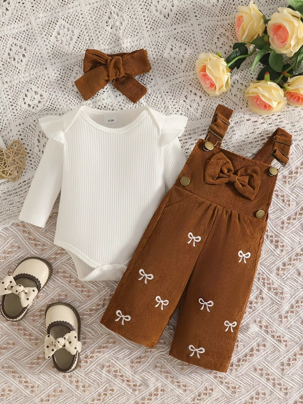 Children's Ribbed Bodysuit and Bow-Embroidered Overall Set with Headband, image 12