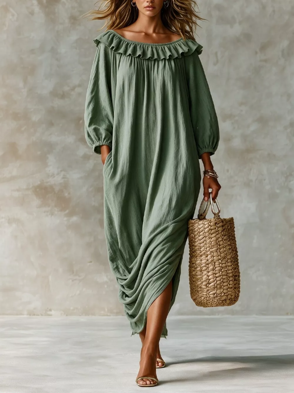 Ruffled Boat Neck Ruched Midi Dress, image 7
