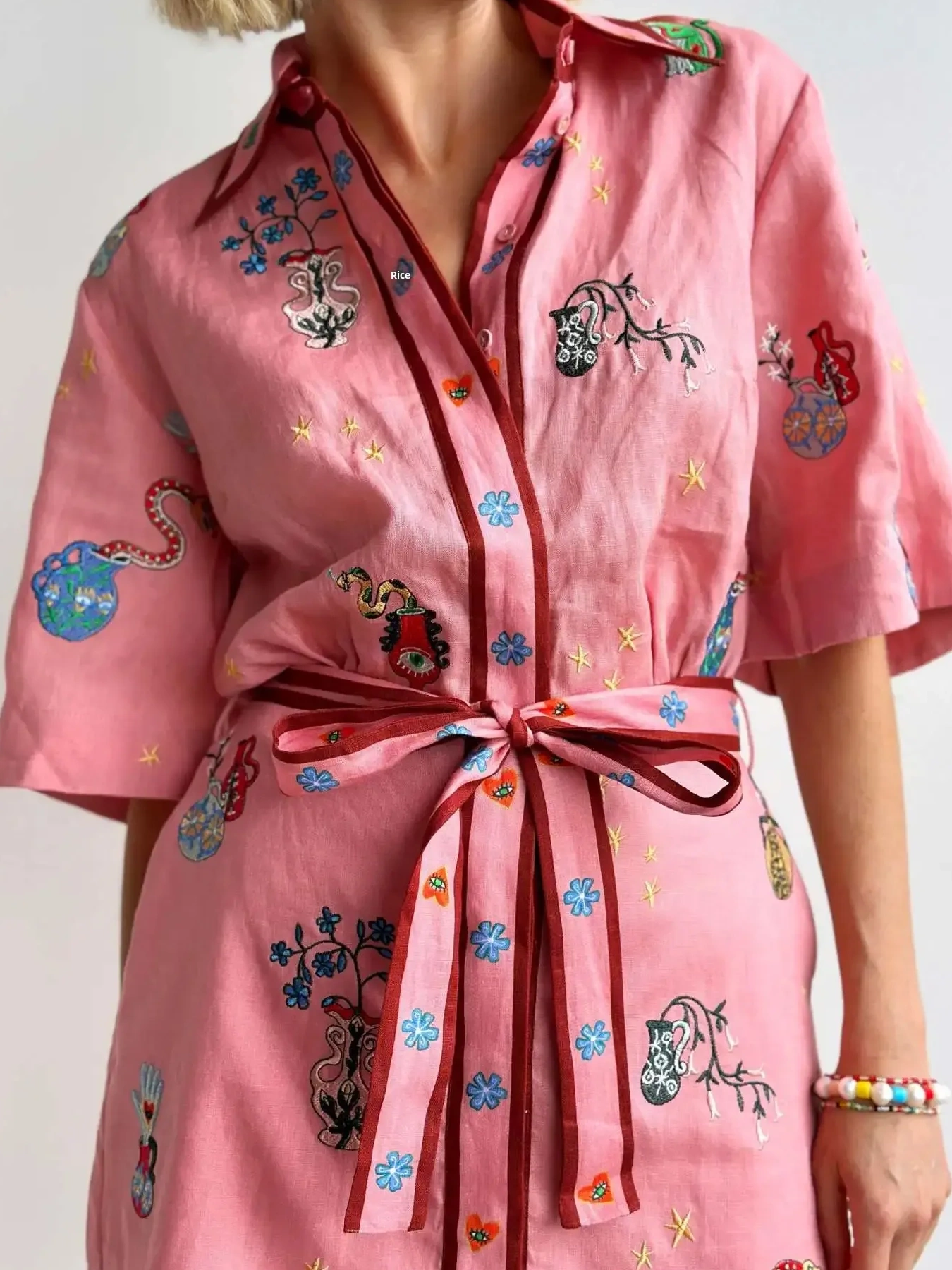 Embroidered Tie Waist Shirt Dress, image 3