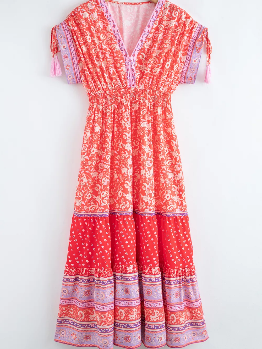 Floral Print Tasseled Tied Sleeve Empire Waist Dress, image 8