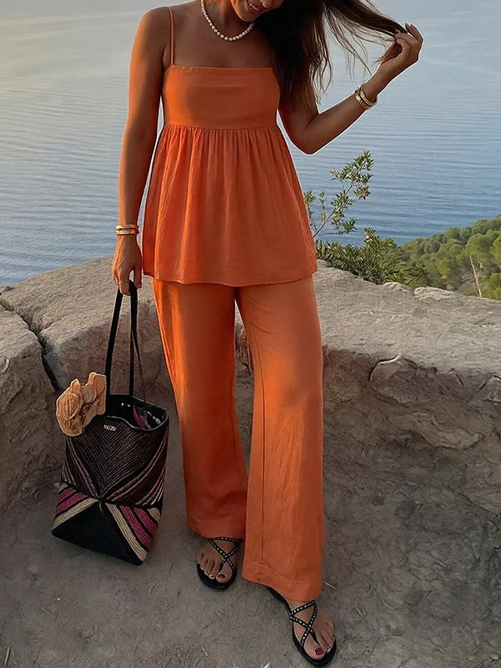 Square Neck Cami and Wide Leg Pants Set, image 2