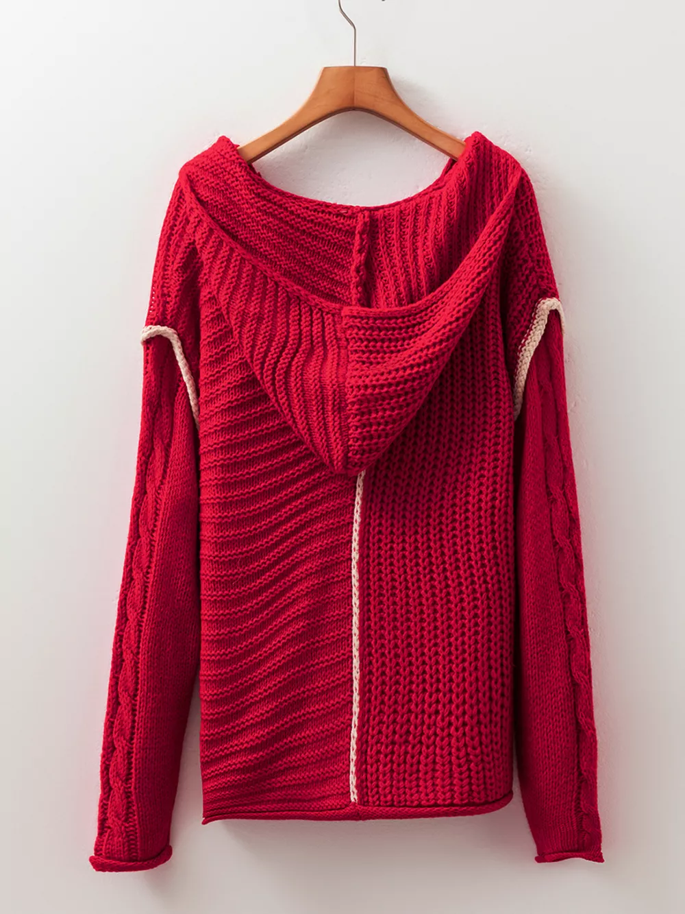 Contrast Trim Textured Knit Drawstring Hooded Sweater, image 3