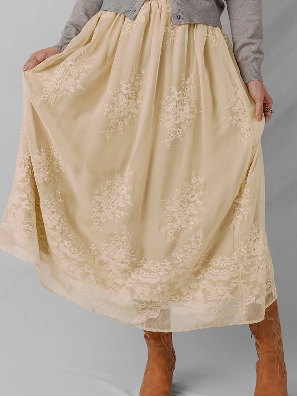 Embroidered Mesh Overlay Flowy Midi Skirt, image 2