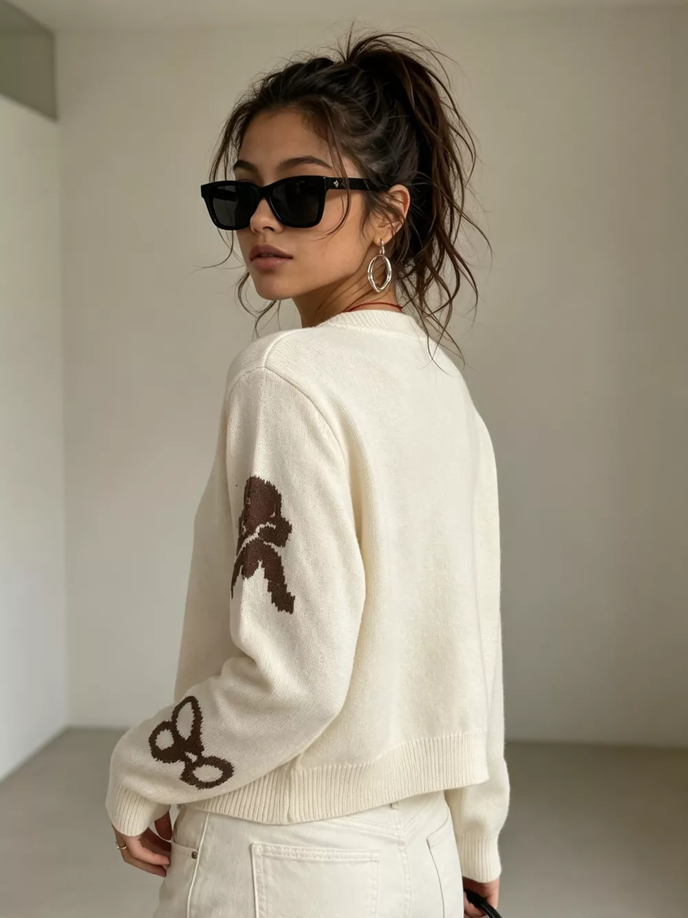 Floral Crew Neck Cropped Knit Cardigan, image 31