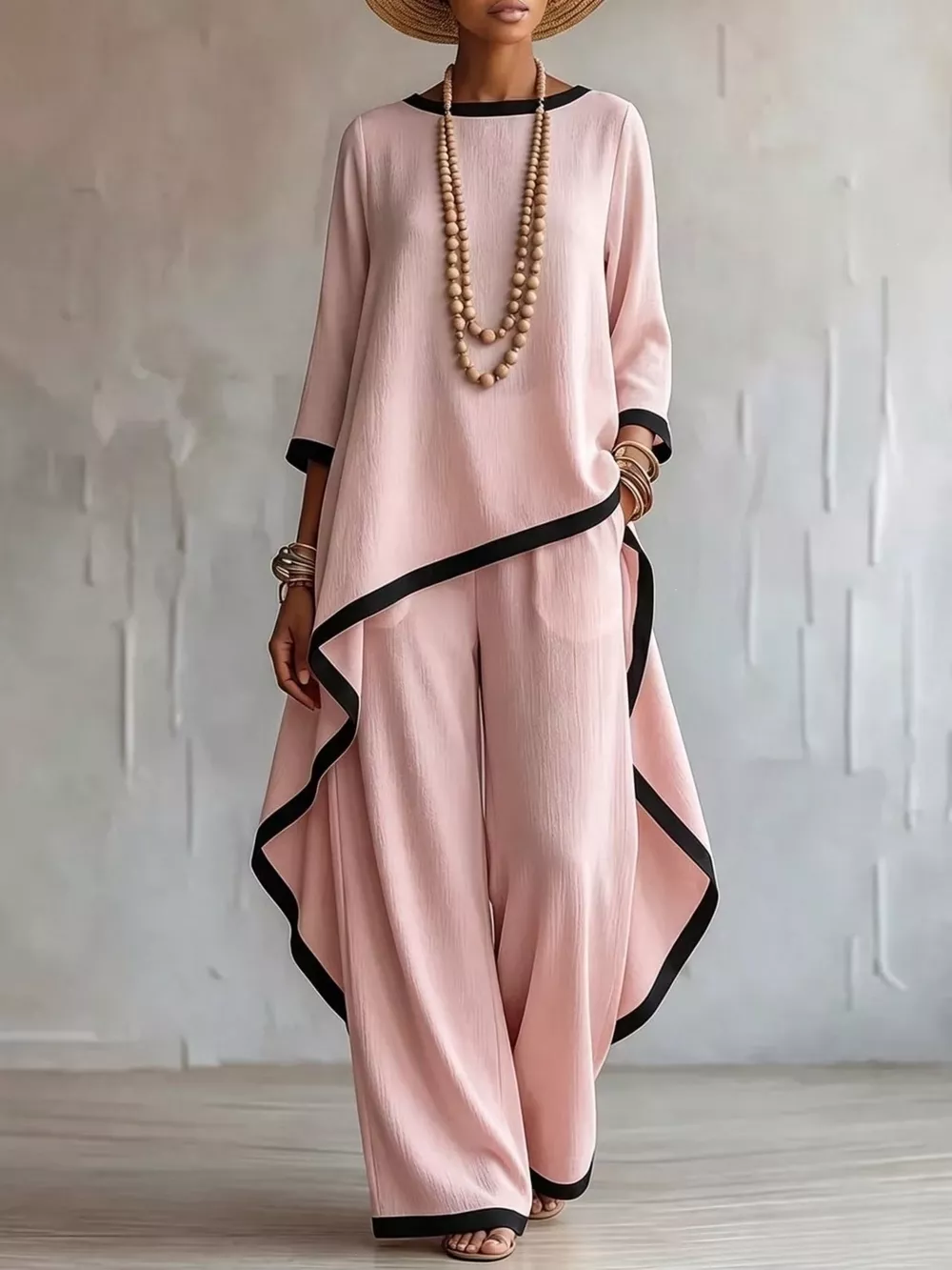 Full Size Contrast Trim High-Low Top and Pants Set Plus Size, image 16