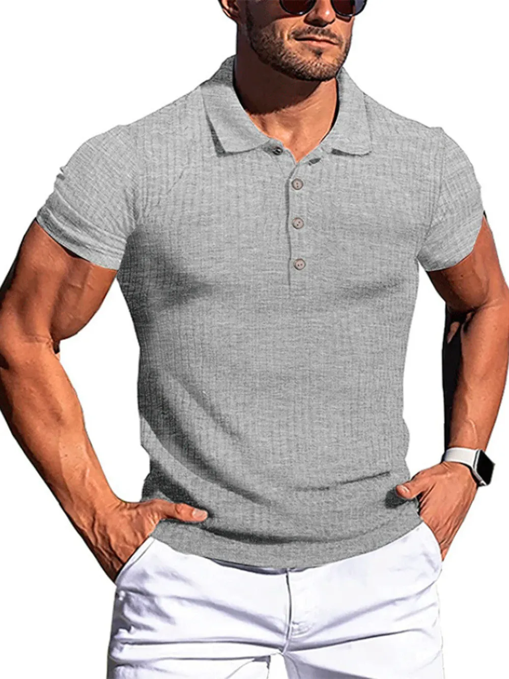 Men's Full Size Ribbed Button Detail Short Sleeve Polo Plus Size, image 5