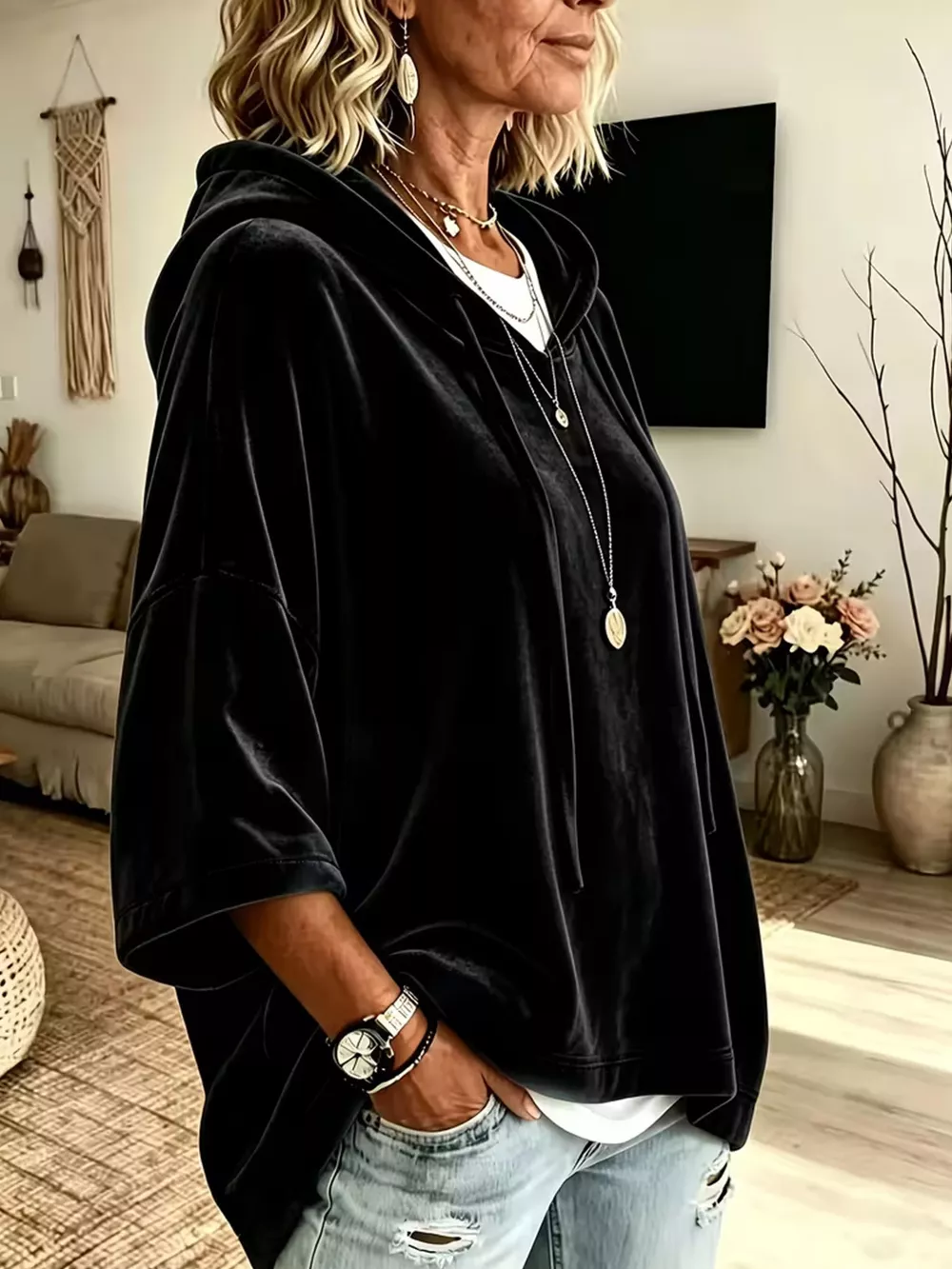 Velvet Loose Fit Hoodie with Drawstring, image 13
