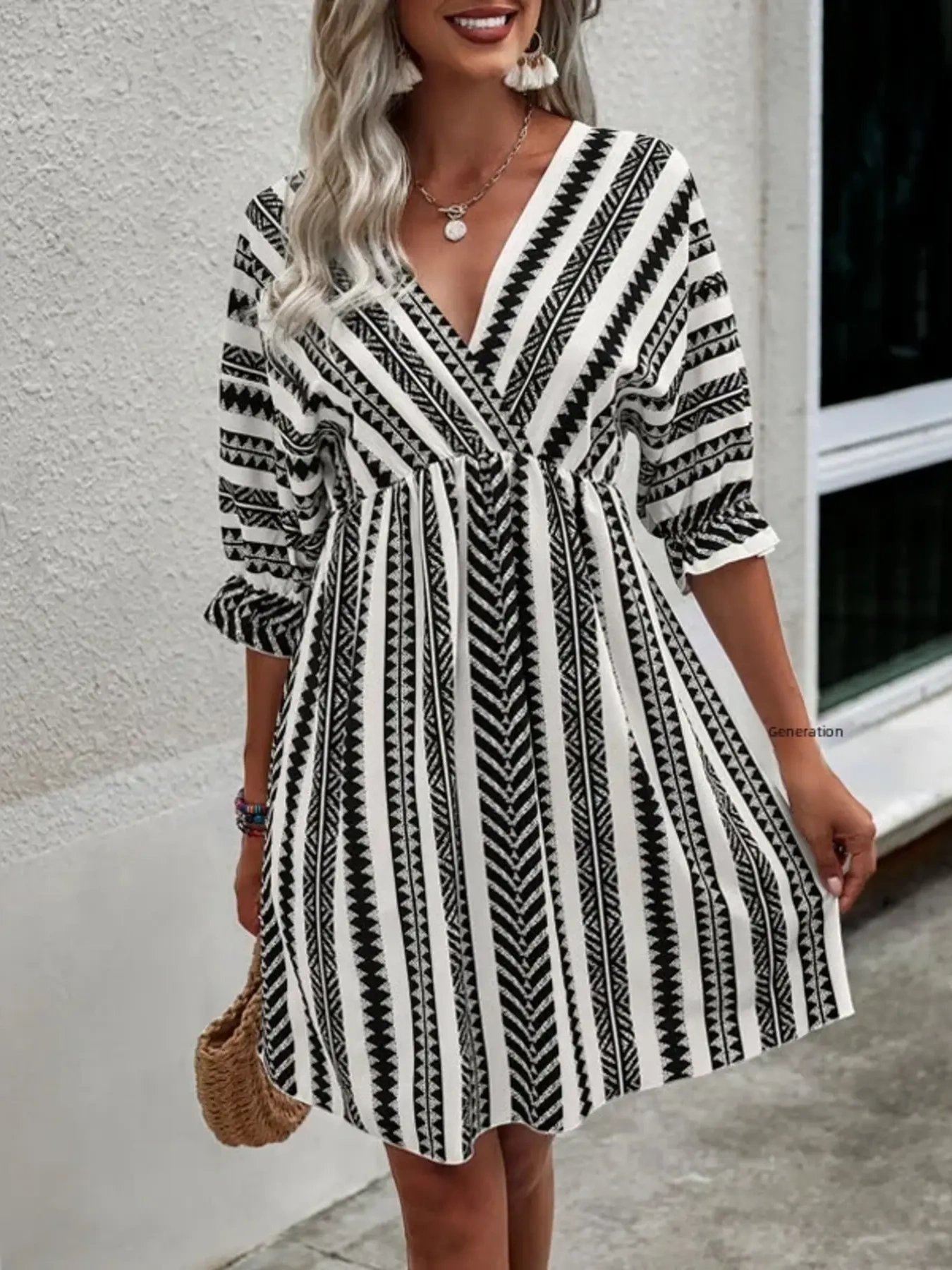 Geometric Print V-Neck Mini Dress