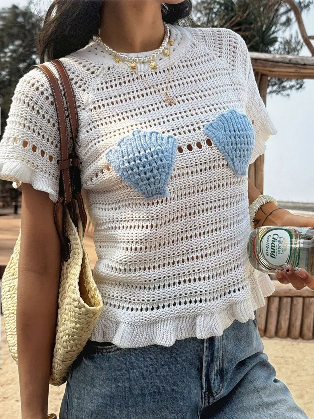 Openwork Ruffled Hem Knit Top, image 3