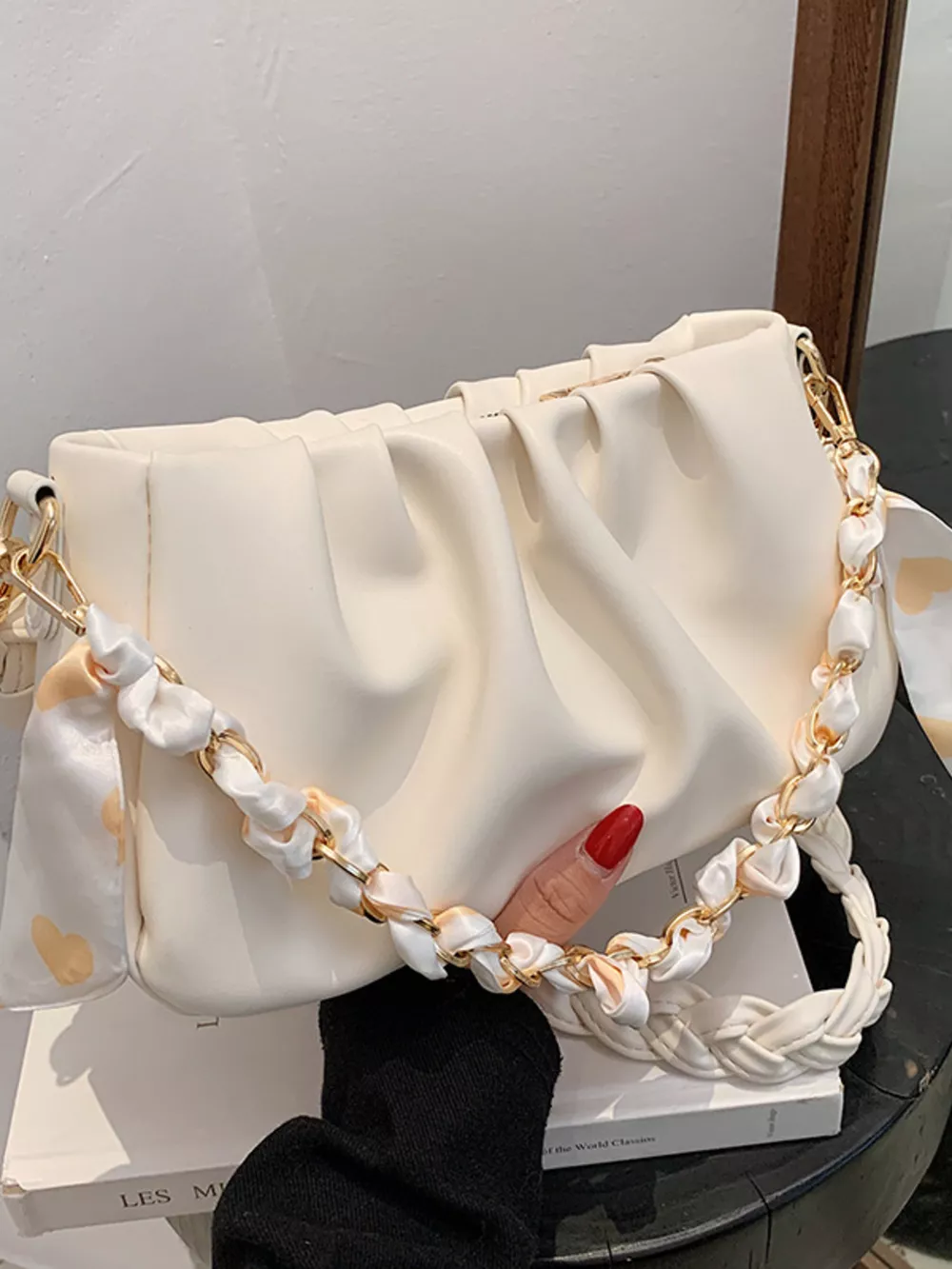 Ruched Braided Handle Shoulder Bag, image 8