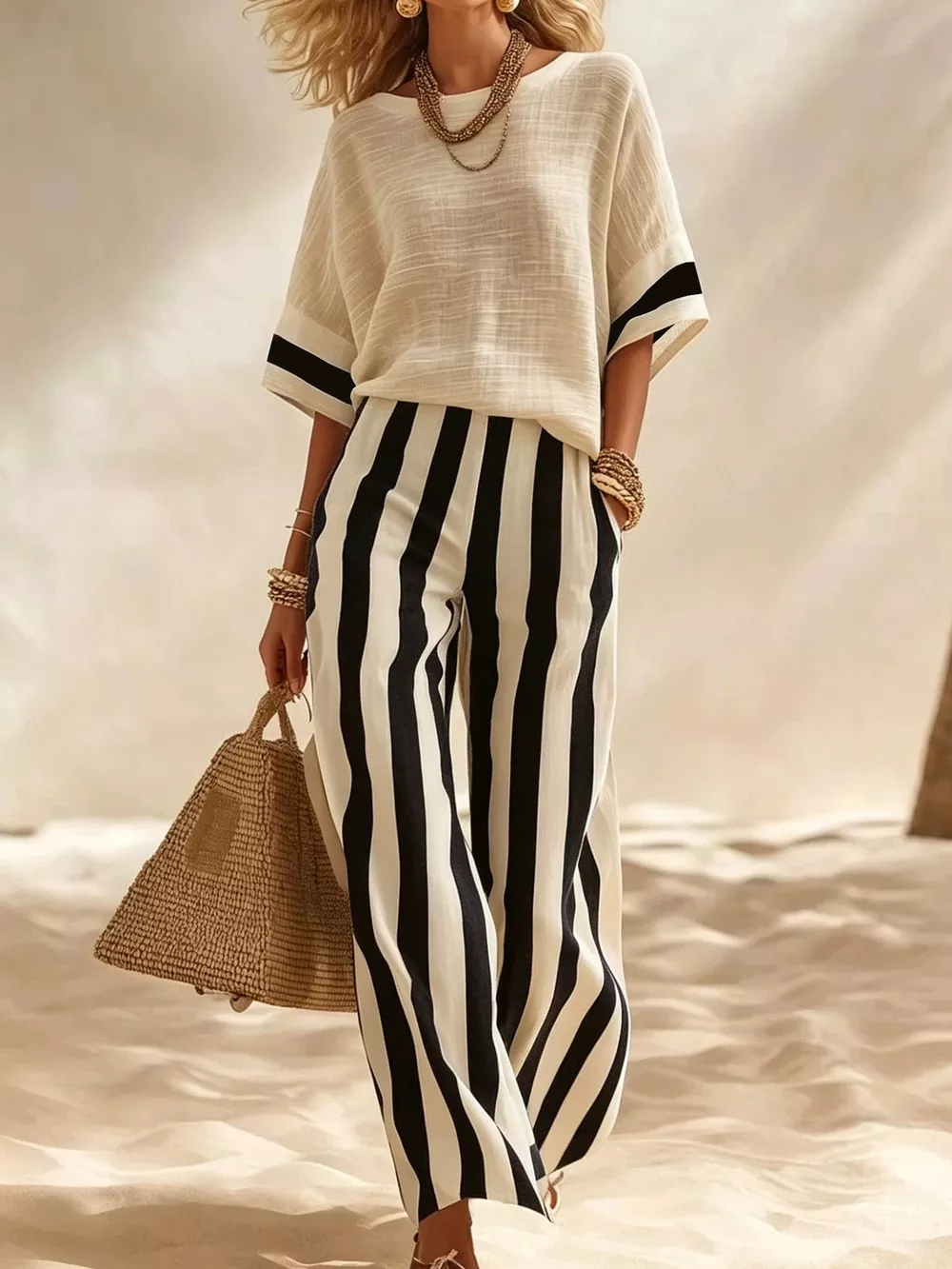 Full Size Striped Half Sleeve Top and Pants Set Plus Size, image 4