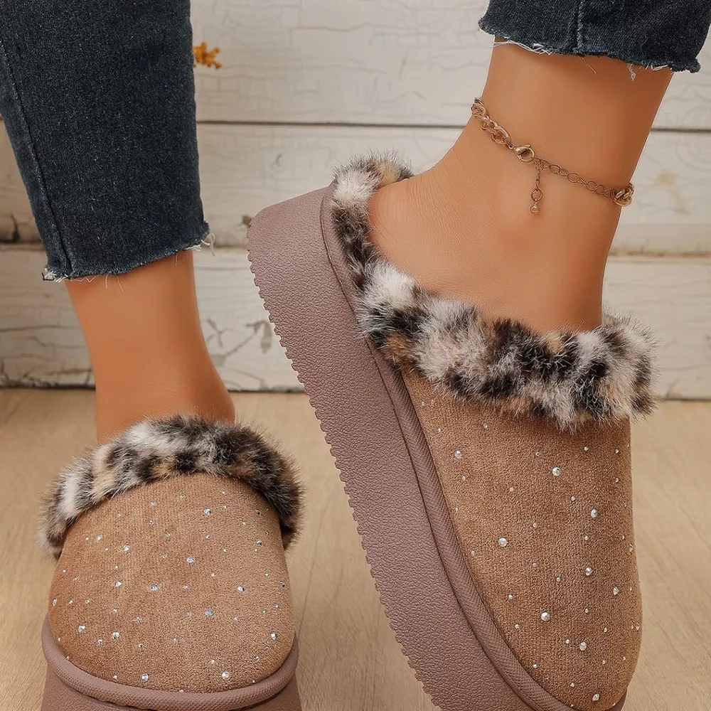 Rhinestone Faux Fur Platform Slippers, image 8