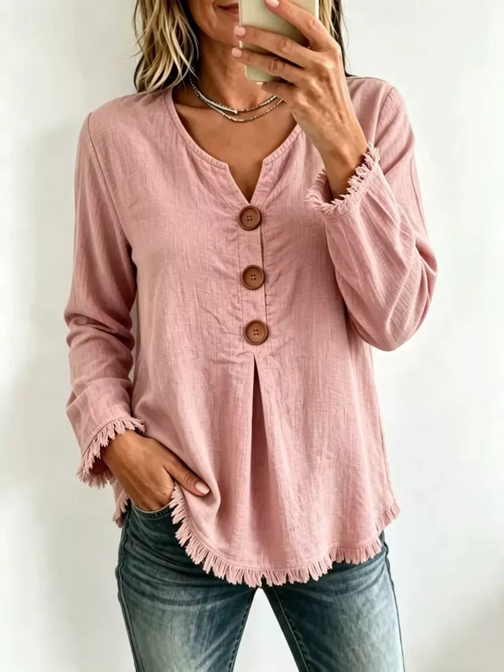 Full Size Frayed Hem Long Sleeve Blouse Plus Size, image 2