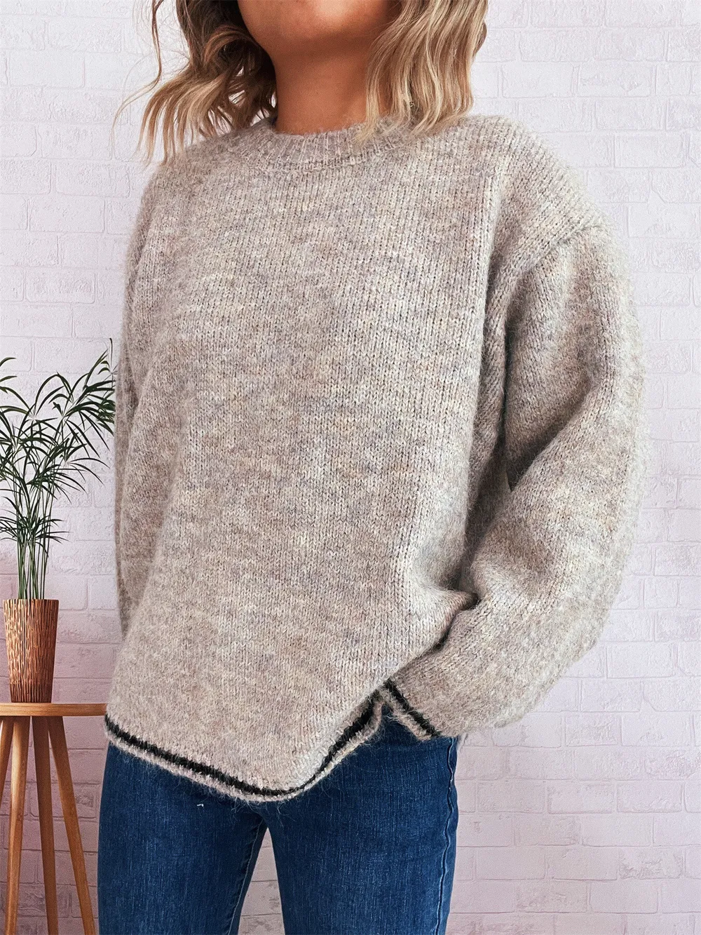 Contrast Trim Round Neck Cozy Sweater, image 10