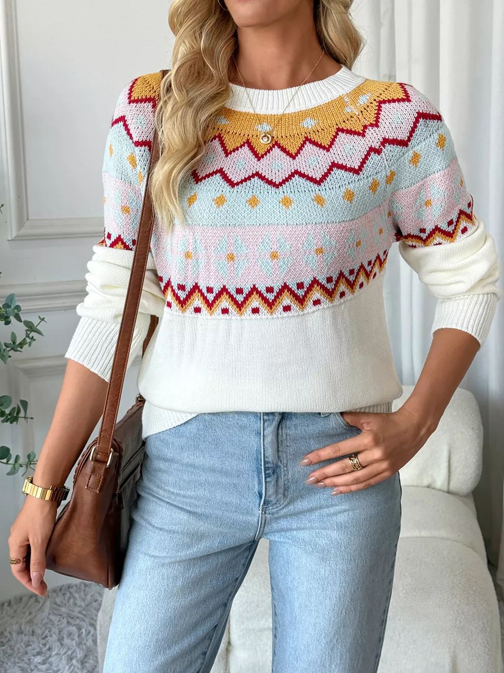 Contrast Round Neck Long Sleeve Sweater, image 5