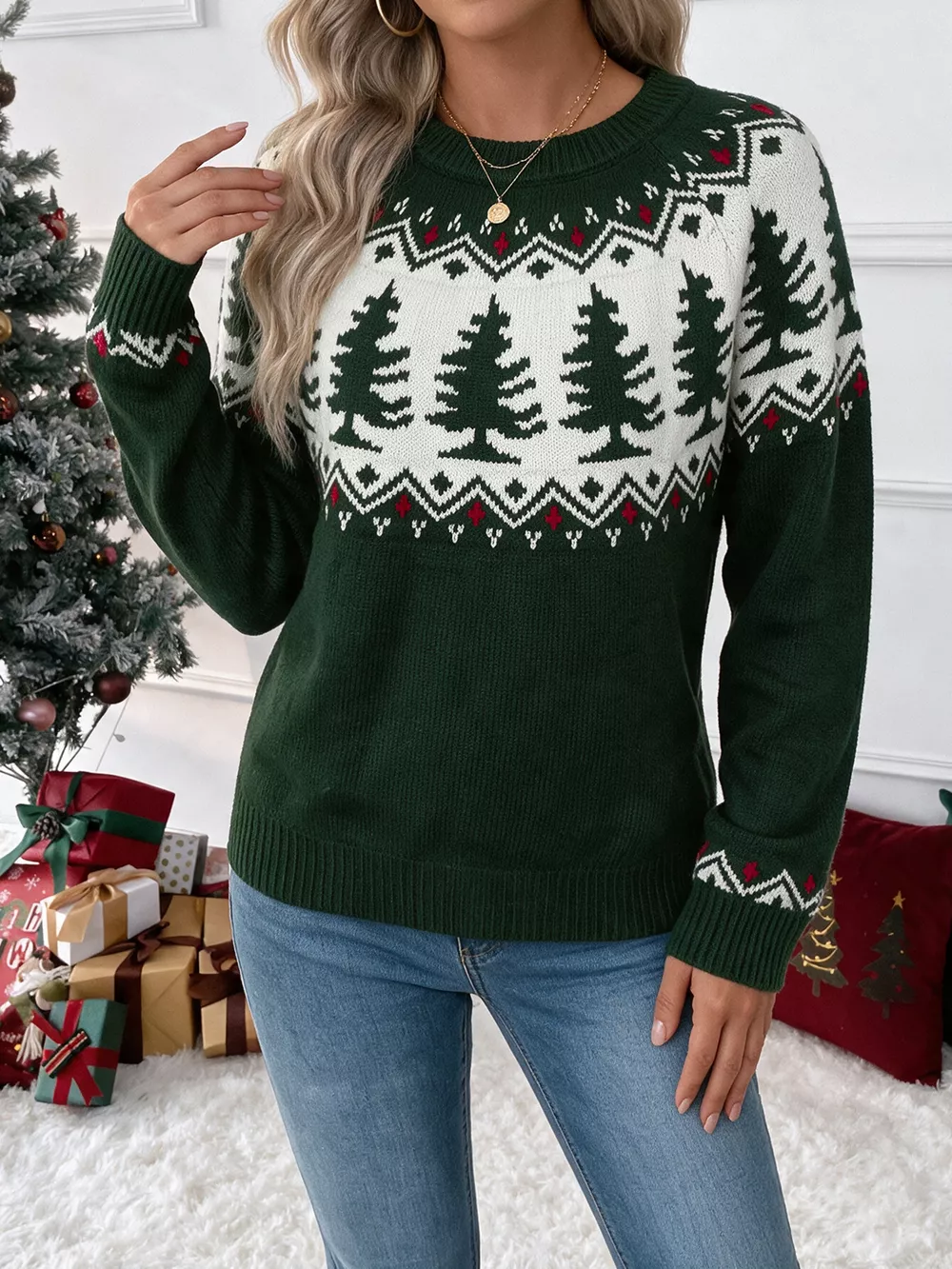 Christmas Tree Pattern Round Neck Sweater, image 2