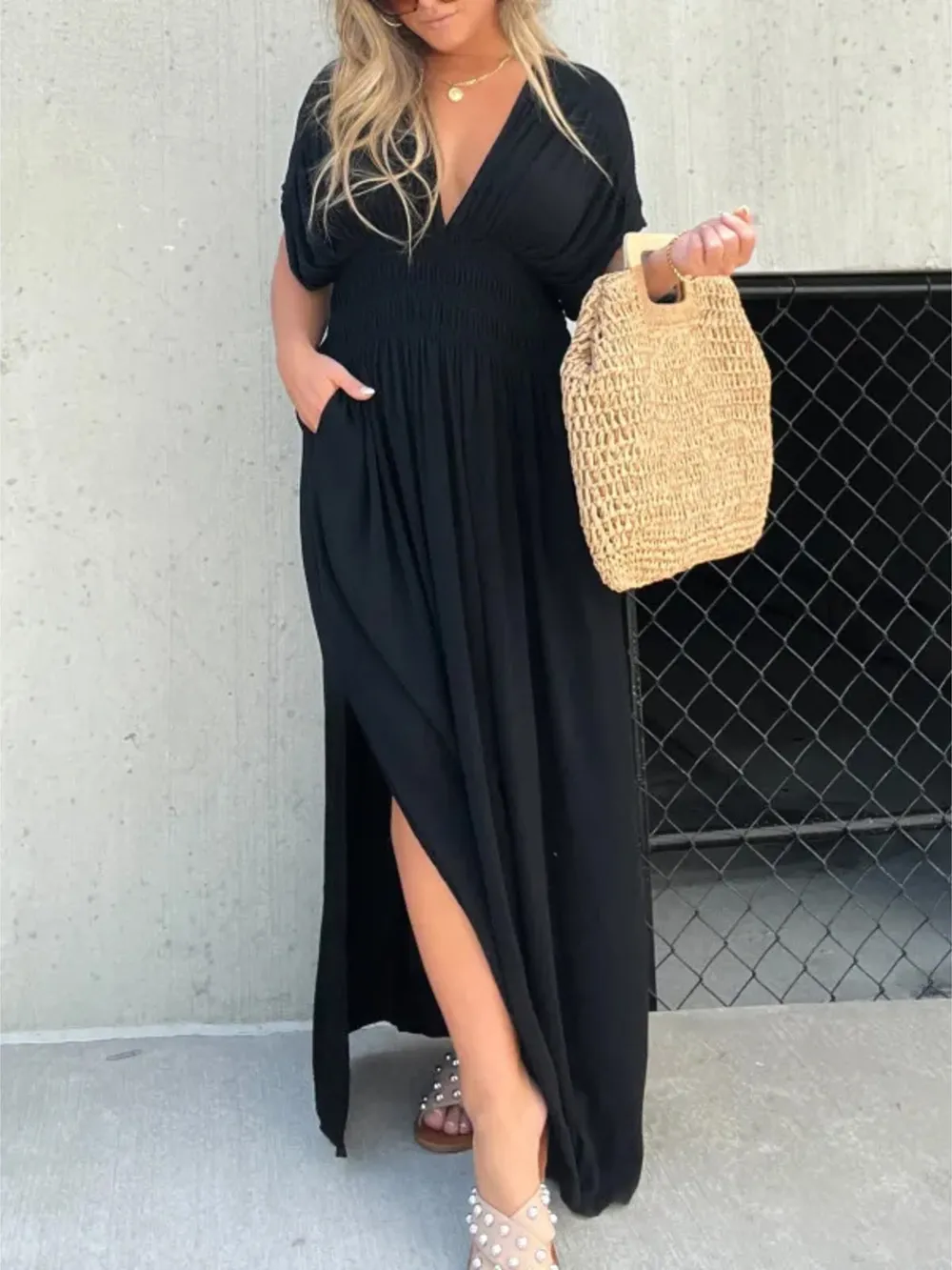 Full Size Deep V-Neck Maxi Dress with Side Slit Plus Size, image 10