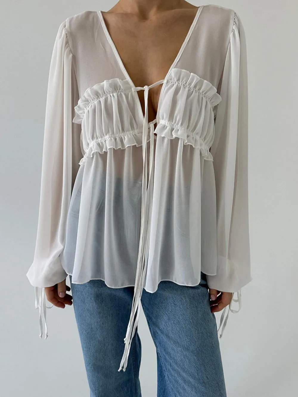 Ruffled Tie Front Long Sleeve Blouse, image 7