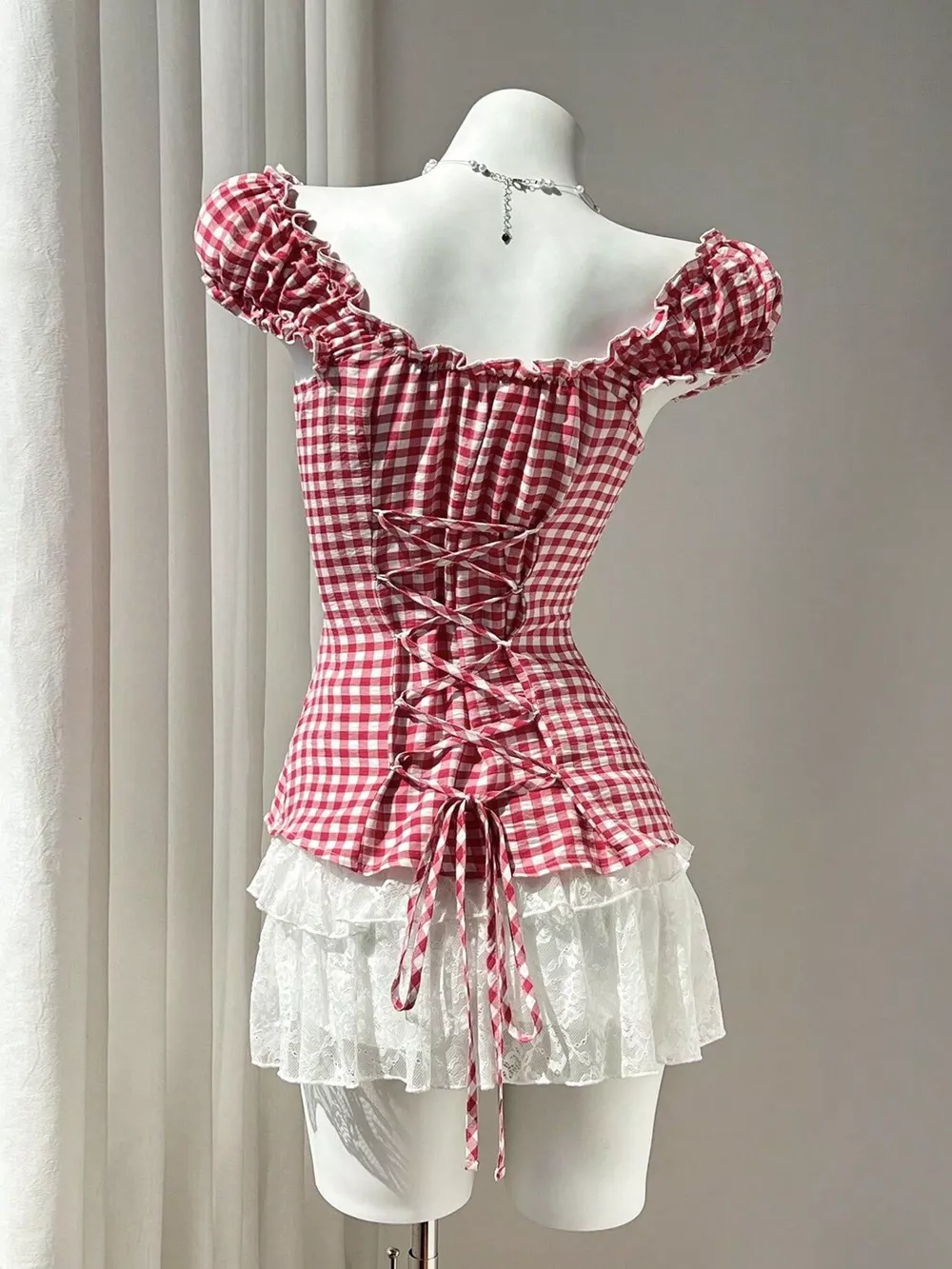 Frill Gingham Cap Sleeve Blouse, image 3