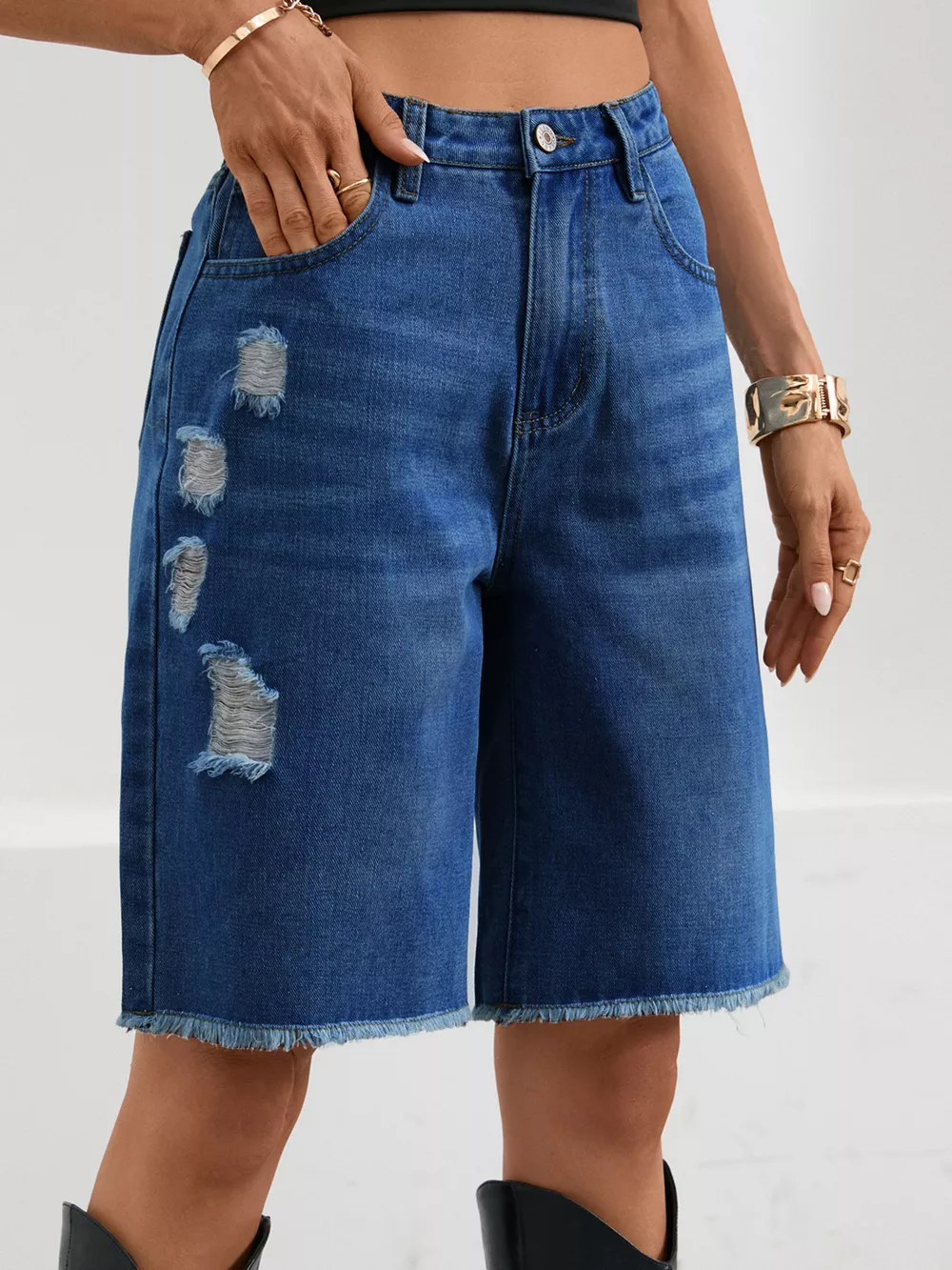 Ripped Frayed Hem Denim Shorts, image 5