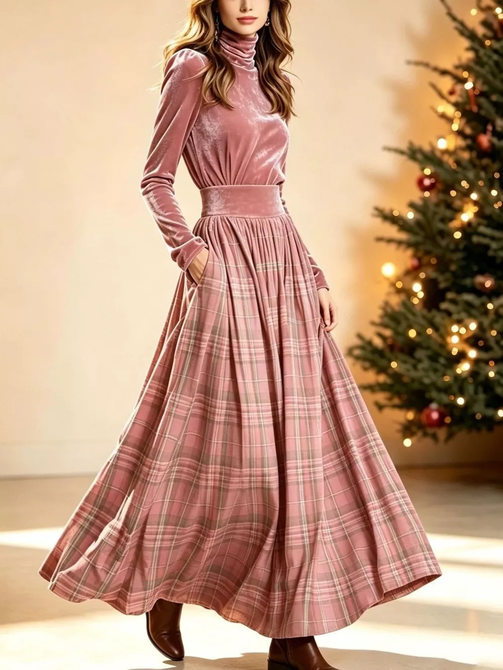 Velvet Turtleneck Top and Plaid Maxi Skirt Two-Piece Set