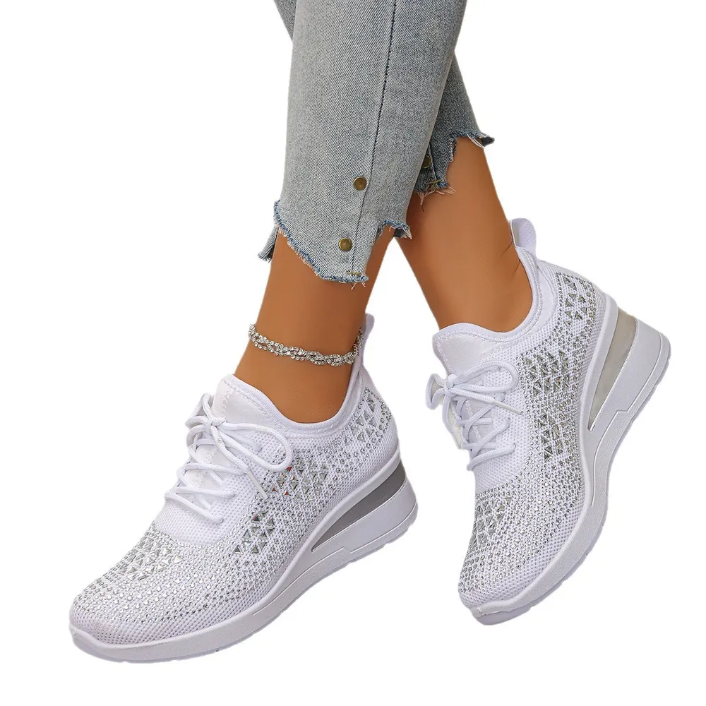 Breathable Mesh Rhinestone Wedge Athletic Sneakers, image 12