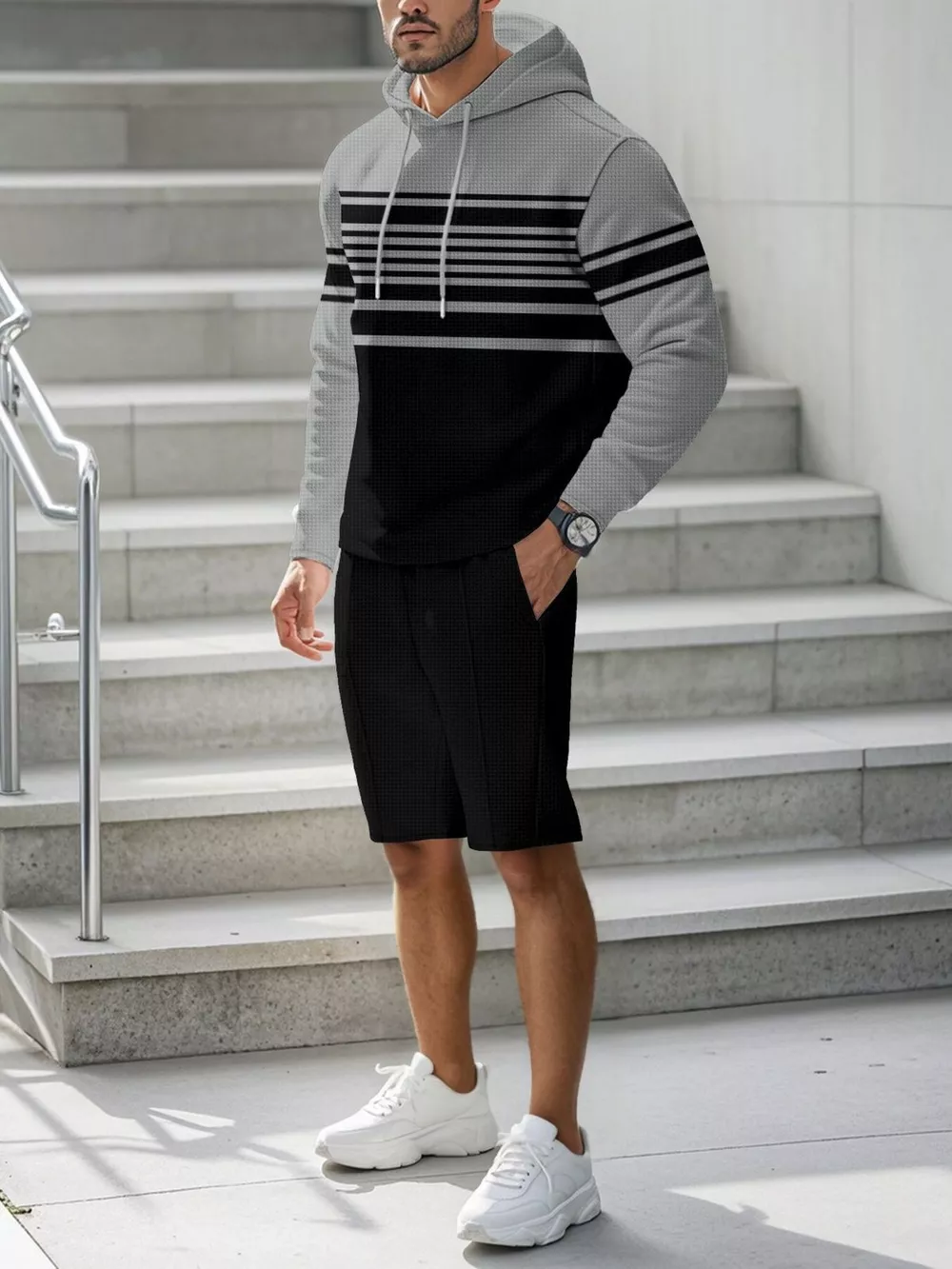 Men's Full Size Striped Hoodie & Shorts Casual Set Plus Size, image 7