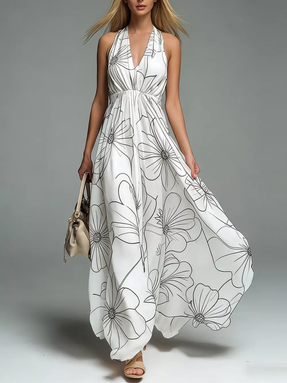 Halter Neck Printed Flowy Maxi Dress, image 5