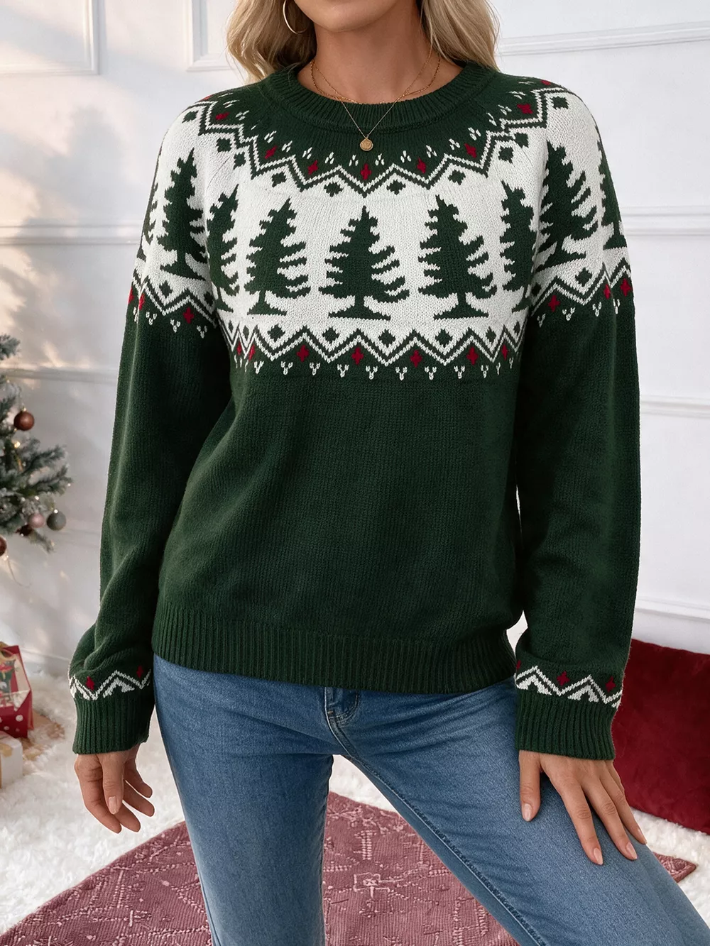 Christmas Tree Pattern Round Neck Sweater, image 4