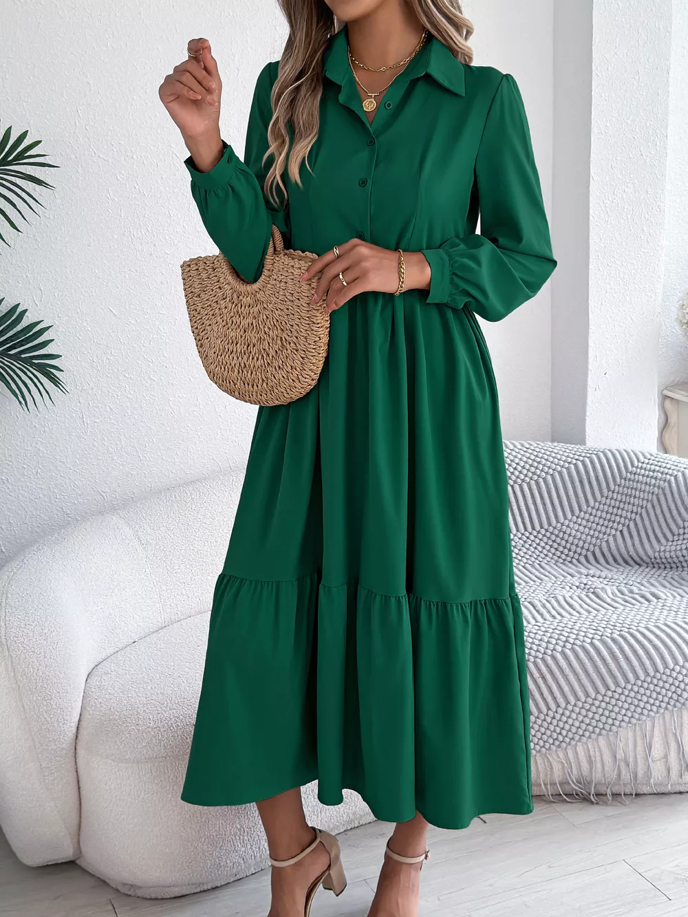 Long Sleeve Tiered Button Front Midi Dress, image 5