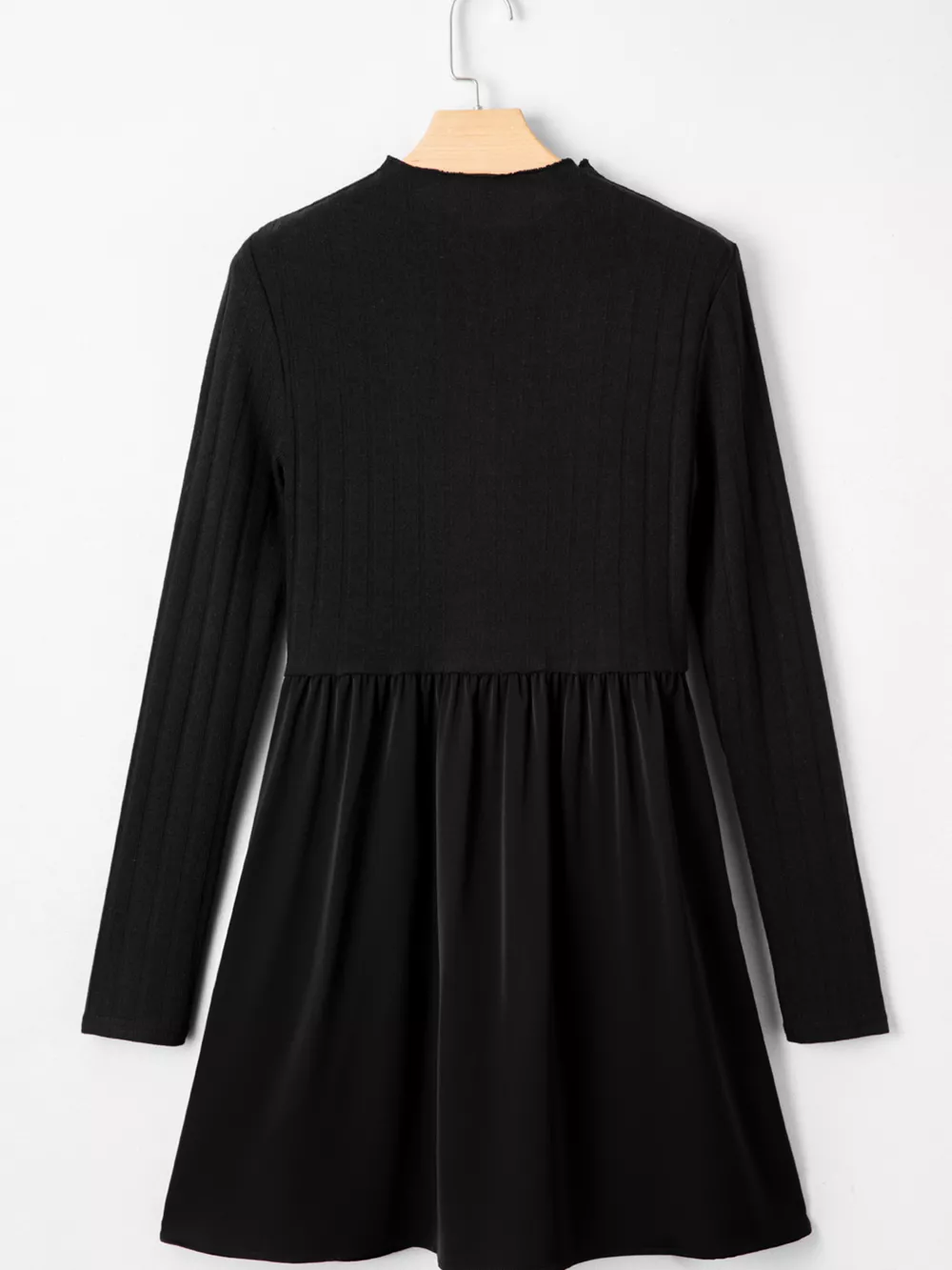 Frilled Neck Ribbed Knit Patchwork Long Sleeve Mini Dress, image 2