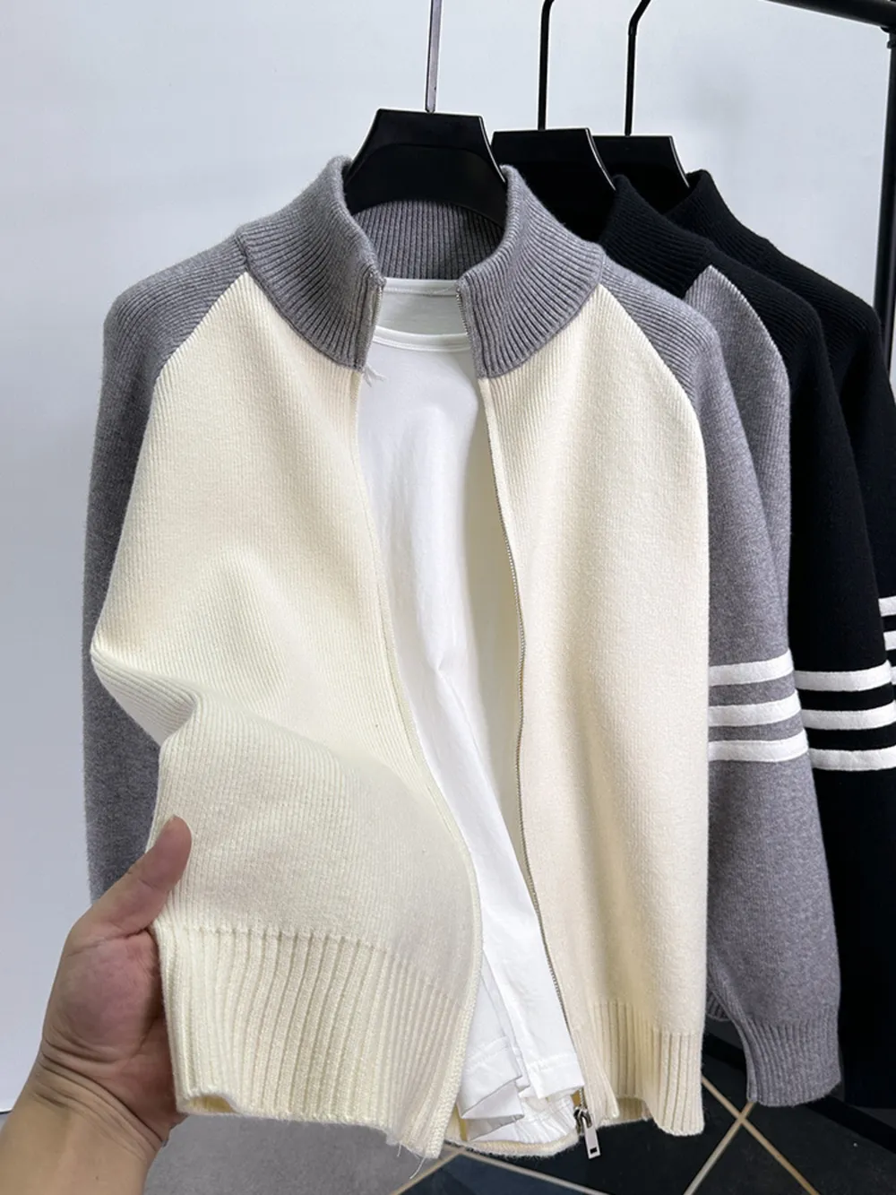 Men's Color Block Zip-Up Cardigan
