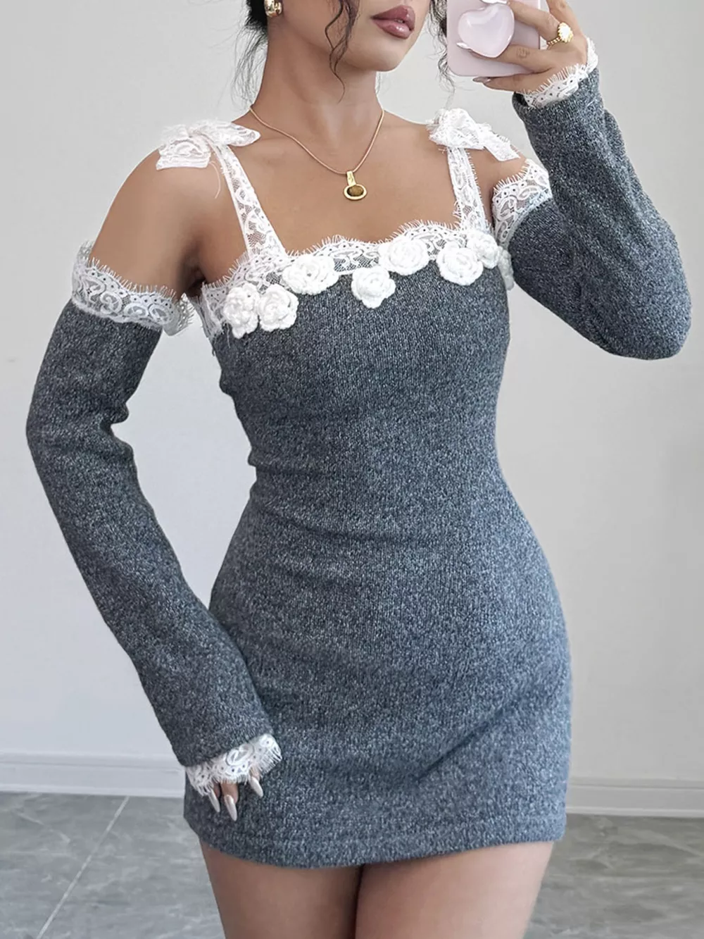 Elegant Crochet Off-Shoulder Lace Trimmed Knit Dress with Detachable Sleeves, image 2