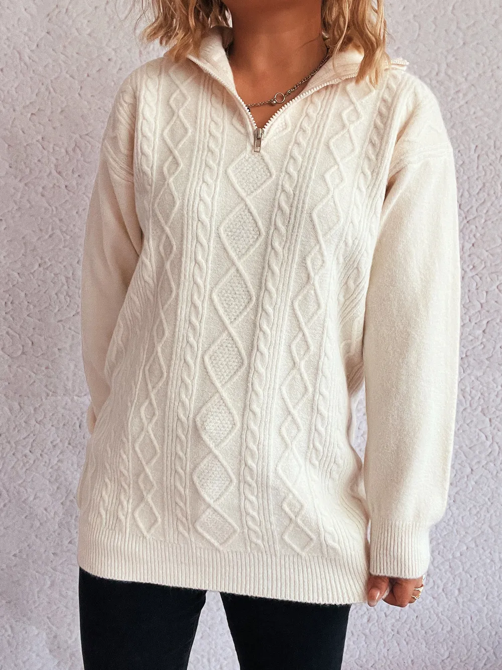 Texture Zip Collar Long Sleeve Sweater, image 20