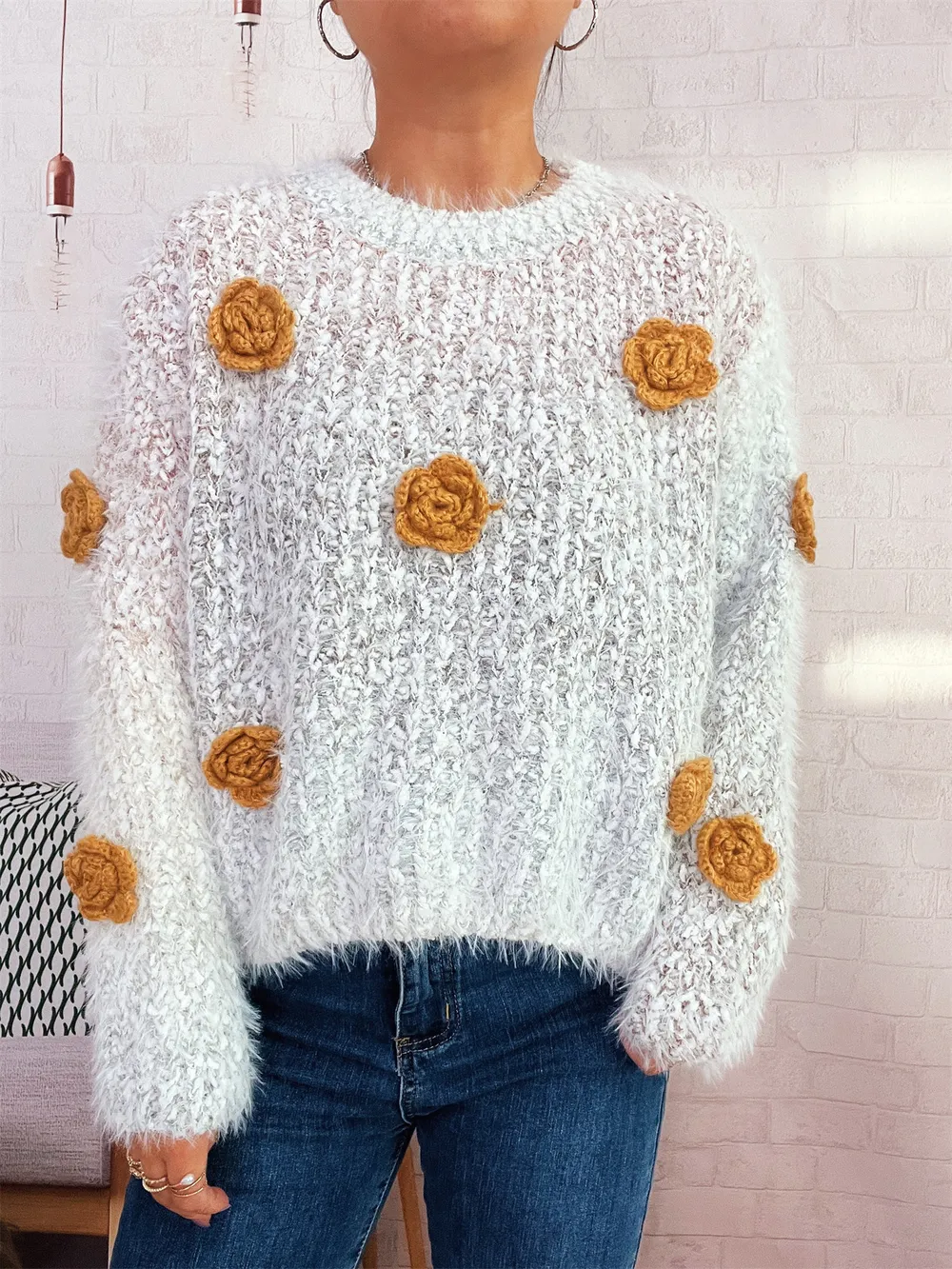 Flower Embellished Round Neck Sweater, image 2