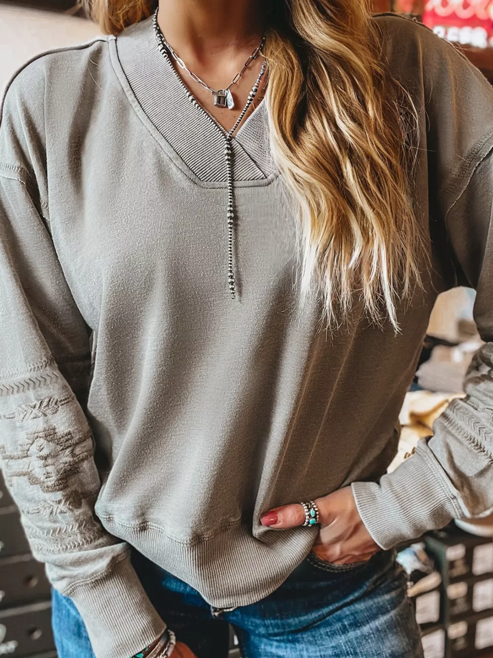 Aztec Embroidered Western V Neck Sweatshirt