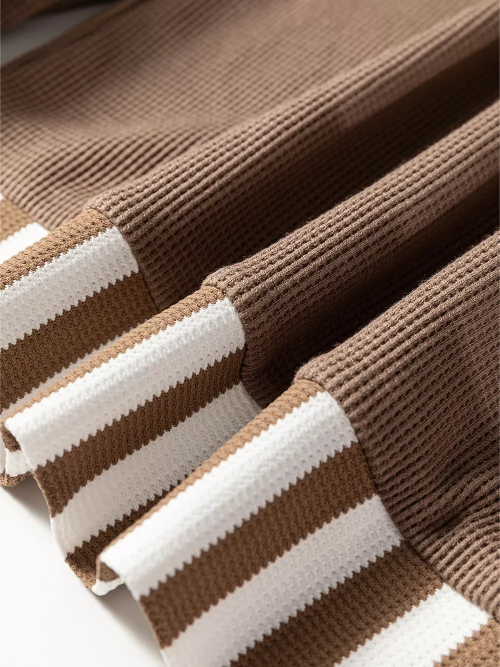 Waffle Texture Striped Patchwork Button Neck Drawstring Hoodie, image 2