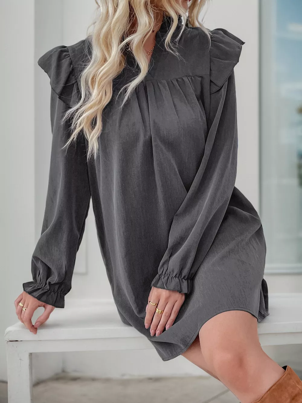 Ruffled Notched Long Sleeve Dress, image 9