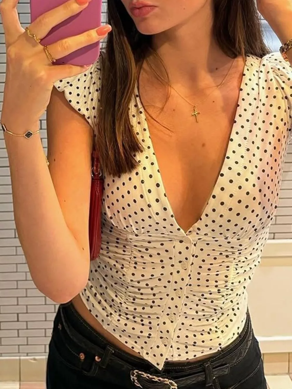 Polka Dot Ruched V-Neck Top, image 10