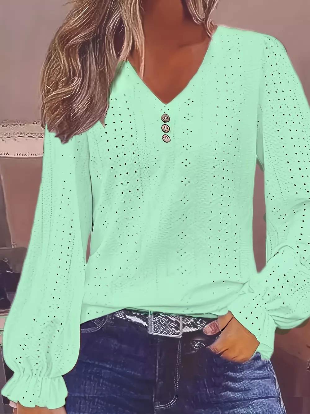 Plus Size Eyelet V-Neck Flounce Sleeve Blouse, image 25