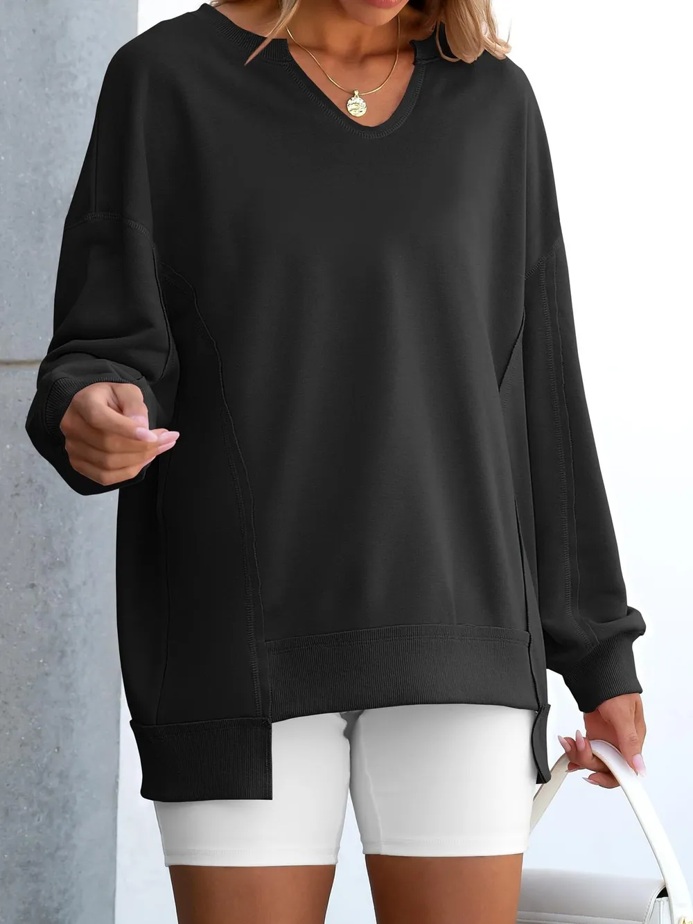 Notched Long Sleeve Oversized Sweatshirt, image 19