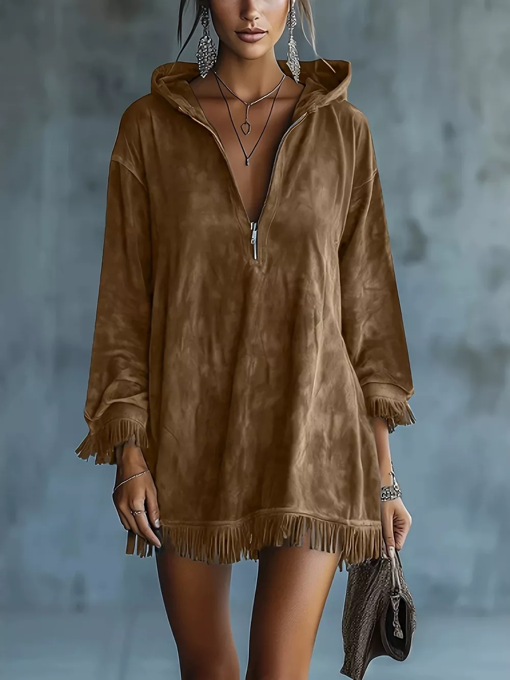 Full Size Hooded Fringed Half Zip Mini Dress Plus Size, image 4